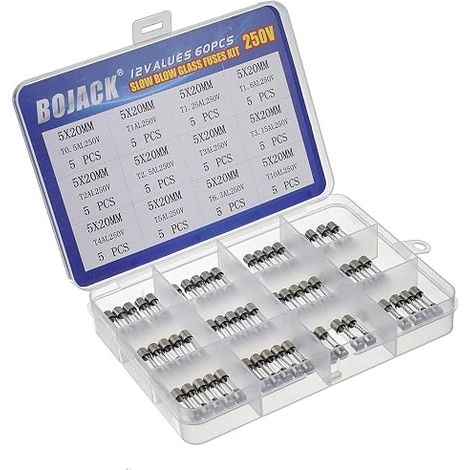 60 Pieces Assortment of Glass Fuses 5 x 20 mm 250V T0.5A 1A 1.25A 1.6A 2A 2.5A 3A 3.15A 4A 5A 6.3A 10A Packaging in Transparent Plastic Box (1/4)