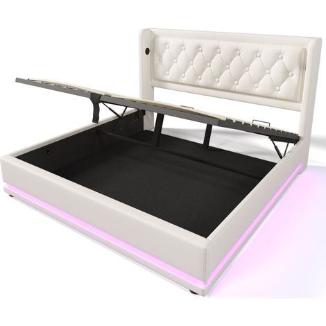 CAIziLit coffre 160x200 cm blanc PU, LED 3 côtés, USB-C, capitonné (1/5)