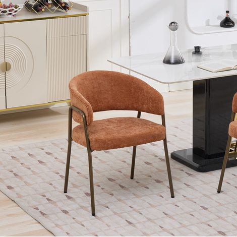 Chaise de salle a manger en chenille orange avec accoudoirs, pieds metal finition laiton vieilli, 1 piece,57×54.5×79.5cm (1/5)