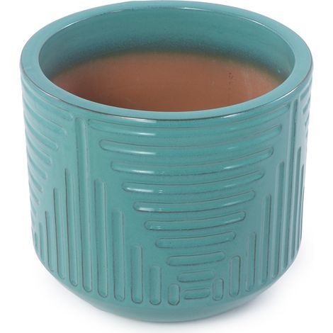 Grand pot de fleurs en céramique Ø 42 cm, émaillé à la main turquoise brillant avec motif géométrique, percé pour drainage, pour palmiers et caoutchoucs (1/5)