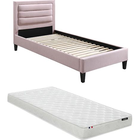 Lit 90 x 190 cm avec tête de lit coloris rose - Rose + Matelas - MACHUPIO (1/5)