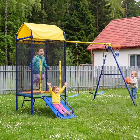 Aire de Jeux Extérieure Enfant Multifonction : Portique avec Toboggan, Trampoline et Filet, Balançoire Nid d'Oiseau, Panier Basket et Cabane - Bleu