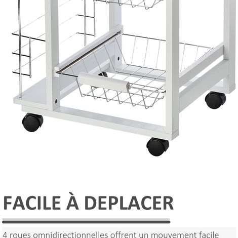 Desserte de cuisine sur roulettes - 3 paniers métal, 1 tiroir, 2 range-bouteilles, pin massif blanc, design contemporain (1/5)