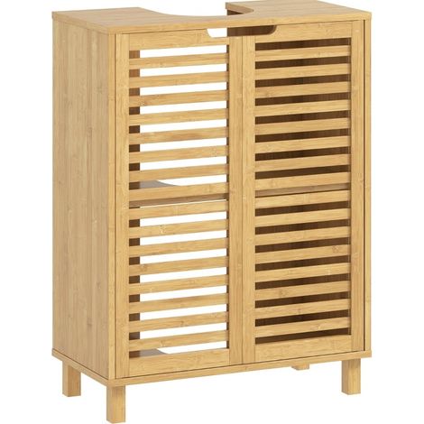 CHICFURN Mueble bajo lavabo 60 x 30 x 80 cm de bambú natural, puertas de lamas, ahorra espacio (1/5)