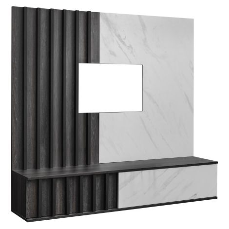 Ensemble meuble TV mural Noir II - Bois MDF chêne graphite et effet marbre blanc - 160 x 148 x 35 cm - Livraison gratuite (1/5)