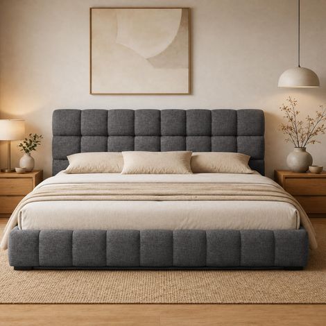 Lit Double Rembourré 140x200 cm, Lit Bubble avec Sommier à Lattes, Lits 2 Personnes Capitonne avec Tête de Lits, Cadre de Lit pour Adulte Chambre à Coucher et Chambre d'amis, sans Matelas, Lin (1/5)