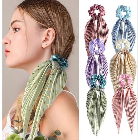 Élastiques à cheveux, lot de 6 chouchous en satin multicolores avec nœud, accessoires pour cheveux en soie pour femmes et filles (1/5)