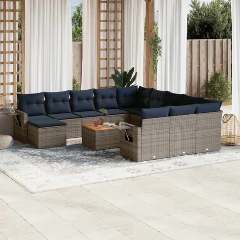 Ensemble de canapé de jardin modulable 13 pcs résine tressée gris et coussins bleu marine - PANGIVO (1/5)