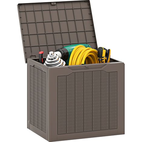 Boîte de rangement extérieure marron 95 L en PP imitation rotin tressé avec couvercle verrouillable pour jardin terrasse et balcon (1/5)