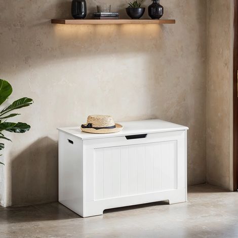 Banc-Coffre avec 2 Charnières de Sécurité, Style Moderne, 40 x 76 x 48 cm, pour Couloir, Chambre à Coucher, Blanc (1/5)