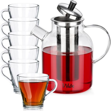 Teiera in vetro resistente al calore con infusore da 1,5 l + bicchieri da 250 ml (6 pezzi). (1/5)