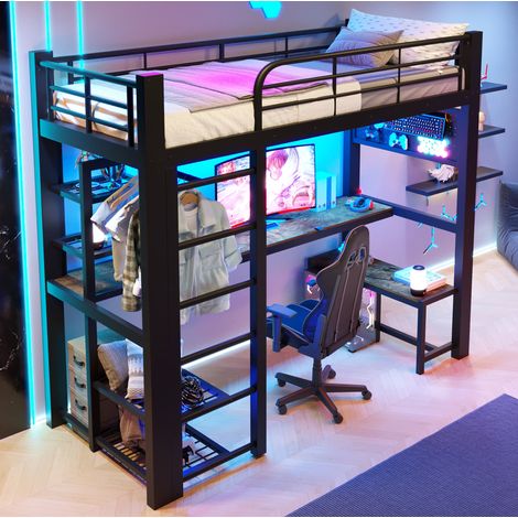 DESVIAE Hochbett en métal 90 x 200 cm avec bureau intégré éclairage LED étagères porte vêtements et panneau perforé noir (1/5)