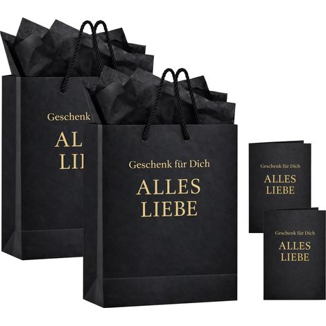 Sacs Cadeaux Noir Or Amour Pour Toi Lot 2 Sac Cadeau Emballage Cadeau avec Carte Papier de Soie Sac Cadeau Élégant 26x22x10cm (1/5)