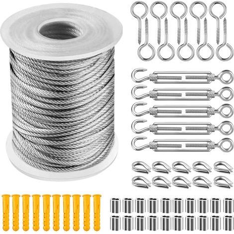 Kit de cuerda colgante AIDUCHO de acero inoxidable 304, cable de acero inoxidable con revestimiento de nailon, tensor de cable de acero con PVC, para cuerda de tienda de campaña, tendedero, lámpara de (1/5)