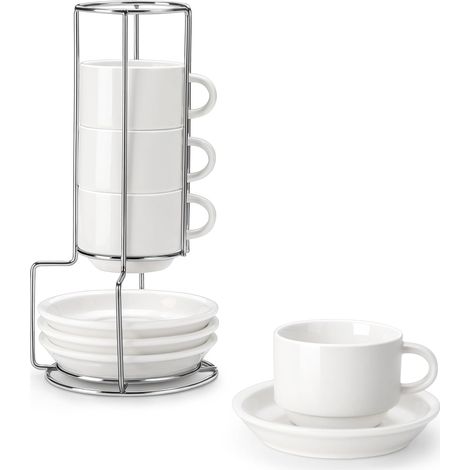 Série REGULAR, Lot de 4 Tasses à Café pour 4 Personnes, 150 ml, Service à Café Empilable avec Soucoupe et Support en Métal,Idéal pour Expresso, Cappuccino, Latte, Moka et Thé, Blanc (1/5)