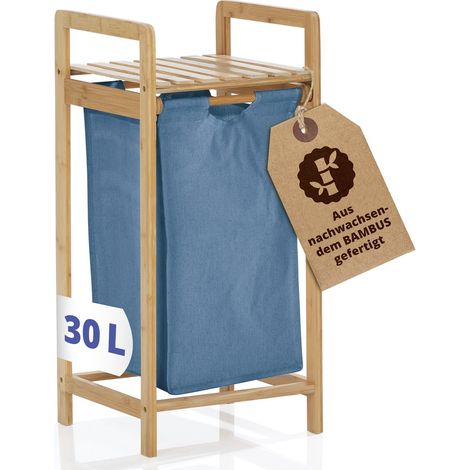 Panier à linge en bambou - Avec sac à linge extensible - Petit format - Avec étagère - Bleu (1/5)