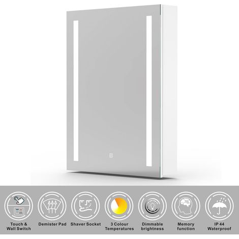 SKY Bathroom Bathroom Mirror Cabinet LED Illuminated 50x70cm with Demister Pad, Touch Sensor, Shaver Socket, 3 Colours Lighting Modes (1/5)
