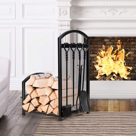 Goplus – Porte-bûches en métal noir 43 x 40 x 70 cm – Grand espace de rangement – Accessoires de cheminée inclus – Pour bois propre et sec (1/5)