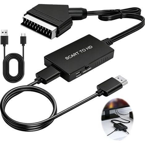 Adattatore da SCART a HDMI, convertitore video/audio HD 1080P/720P, adattatore audio/video SCART tutto in uno per HDTV, alimentato durante la riproduzione, per HDTV, STB, VHS, Sky, DVD, Blu-Ray, ecc. (1/5)