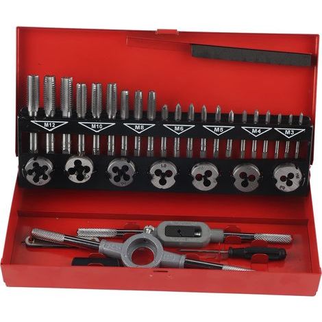 Juego de 32 piezas de machos y terrajas, juego ajustable de machos y terrajas roscadas de acero para rodamientos azul, kit de herramientas para reroscado con bolsa de almacenamiento. (1/5)