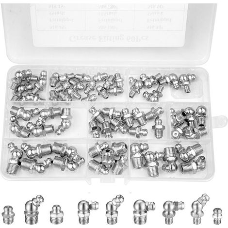 60-teiliges Sortiment an Schraub-Schmiernippeln M6, M8, M10, gerade Schmiernippel 45°, 90°, 180°, mit Kunststoffkoffer, für mechanische Geräte, Schmiernippel