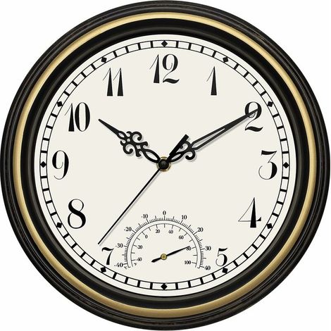 Indoor Outdoor Waterproof Wall Clock with Thermometer, Retro Silent Non-Ticking Round Clock for Garden Patio Yard Bathroom Home (12 Inch, Black Gold) (1/4)