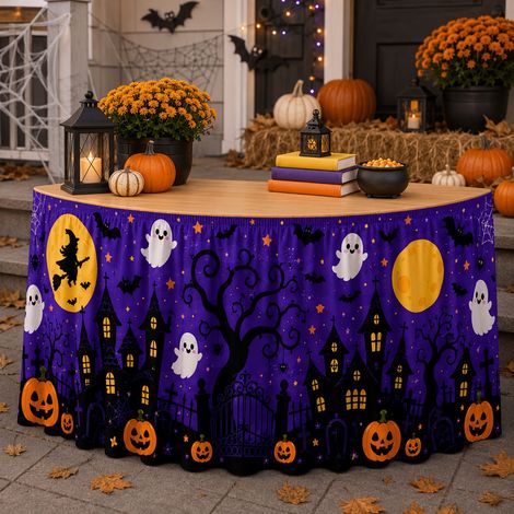 Nappe d'Halloween, tablier de table rond imprimé en polyester, nappe pour table de desserts de fête, nappe décorative pour la maison - 14075cm - 7