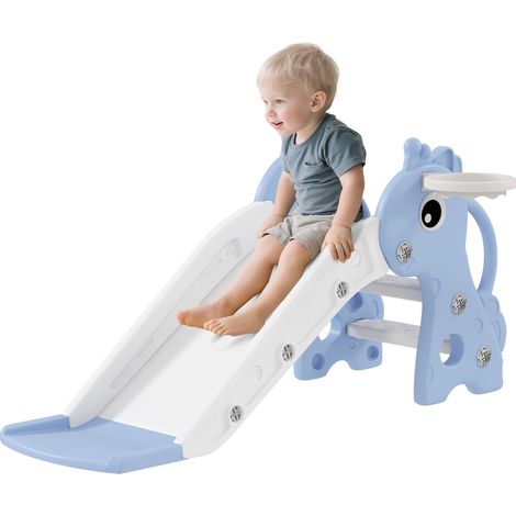 Toboggan 3 en 1 pour enfants de 1 à 3 ans avec échelle, panier de basket et motif girafe, 106 x 51,5 x 52 cm, bleu (1/5)
