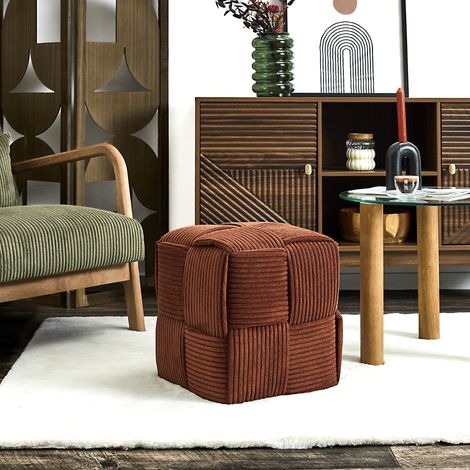 Pouf - HOME DECO FACTORY - Scott - Côtelé - Tresse - Terracotta