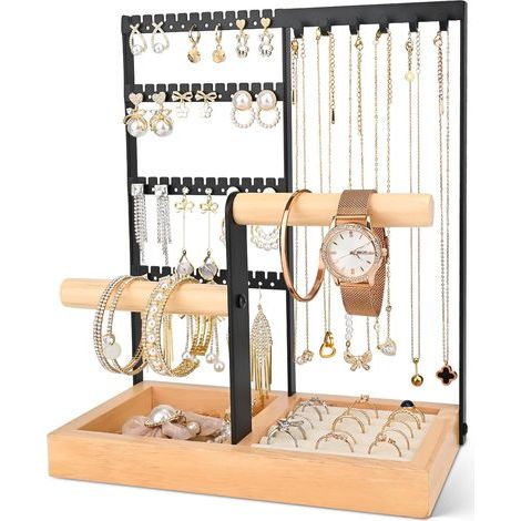 Porte Bijoux Présentoir à Bijoux Porte, 4 Étages Porte Bijoux Femme, Presentoir Collier Avec Plateau Pour Boucles d'Oreilles Et Trous, Pour Colliers, Bagues, Bracelets, Montres(Noir) (1/5)