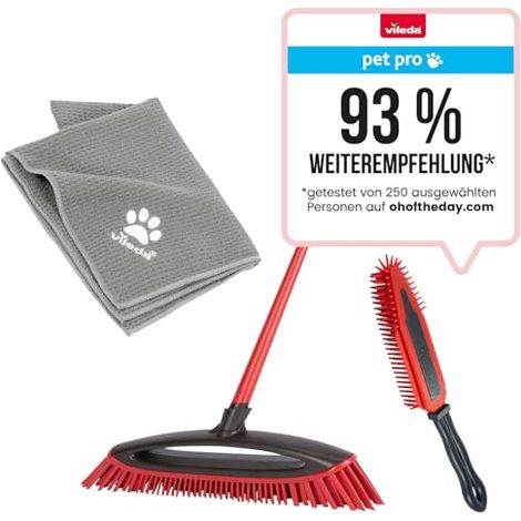 Vileda Pet Pro - Juego completo de escoba Always Clean, cepillo electrostático y toalla de microfibra XL, limpieza de pelo de mascotas, secado para cualquier superficie