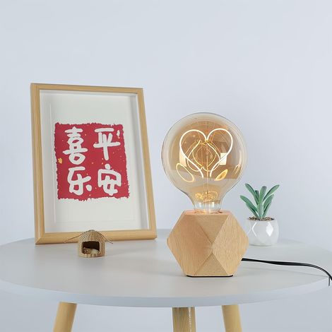Lampe de chevet en bois, culot E27, base en bois diamant, prise européenne, parfaite pour chambre à coucher, salon, bureau (sans ampoule) (1/2)