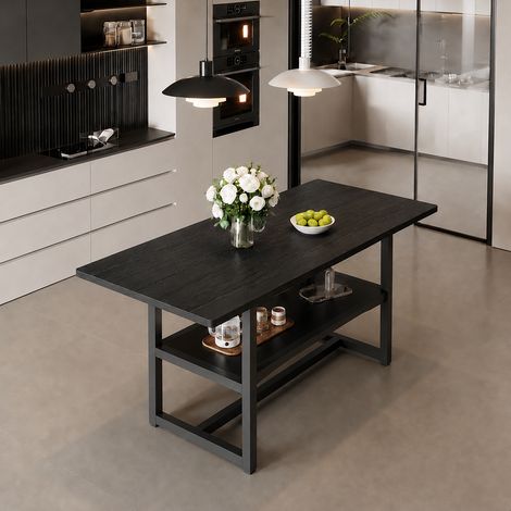 Table à manger industrielle rectangulaire noire 160 × 90 × 76 cm pour 4 à 6 personnes avec étagère de rangement (1/5)