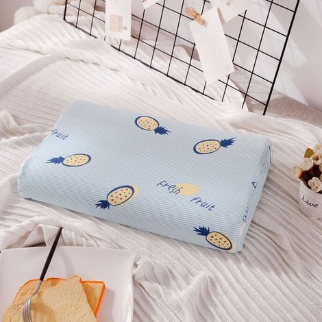 Cuscino per bambini in lattice naturale - Fodera in cotone lavabile, cuscino per la nanna dei più piccoli (Frutta fresca a righe blu, 44x27x6 cm)