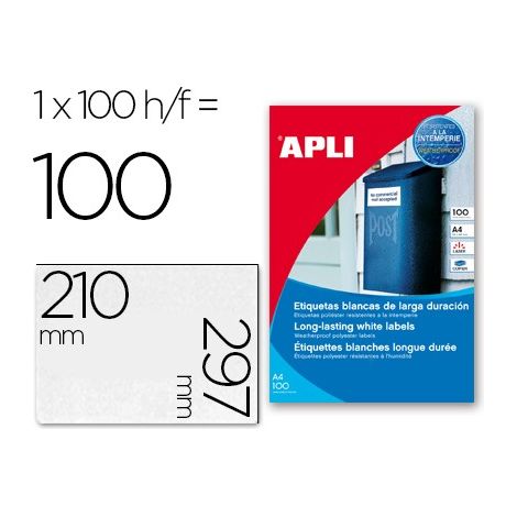 Etiquetas blancas cantos rectos tamaño 210,0 x 297,0 mm con adhesivo permanente. Pack con 100 hojas (100 etiquetas). Etiquetas blancas de poliéster co