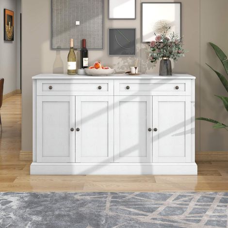 Buffet antique blanc 150 cm avec 4 portes et 2 tiroirs, meuble de rangement moderne avec étagères réglables pour salon salle à manger (1/5)