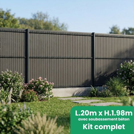 Kit complet grillage rigide gris anthracite L 20m fil 4/5mm 1m98 avec sous bassement béton occultant bois composite gris