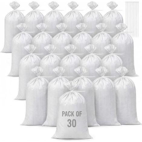 30 x Anti-Flood Sand Bags 46 x 70 cm Heavy Duty Woven Gravel Bag Waste Bags and 30 Ties for Garden Waste Storage (White) (1/5)