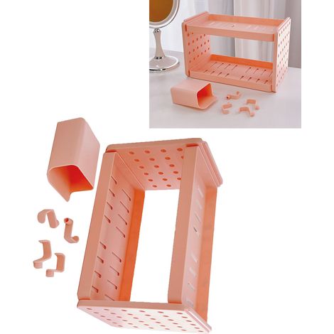 Étagère de bureau double couche, étagère creuse double couche avec crochets et porte-stylos pour cuisine, salle de bain ou bureau, rose clair (1/5)
