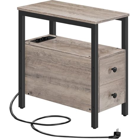 Side Table with Charging Station, Bedside Table with 2 Drawers, USB Ports and Power Outlets, Sofa End for Small Spaces, Living Room, Bedroom, Greige (1/5)