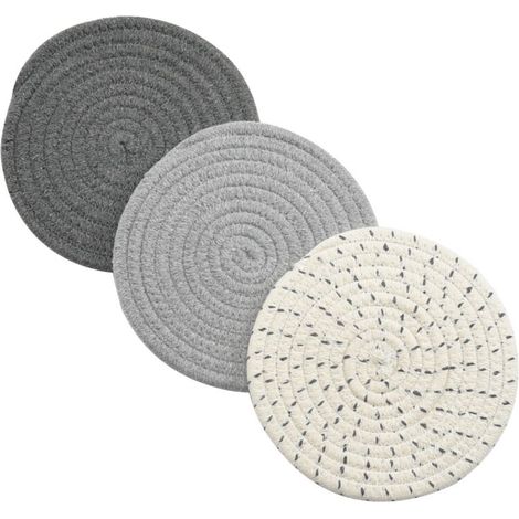 Set di tre presine intrecciate in 100% cotone (3 pezzi): elegante sottopentola, presine e poggiamestolo per cucinare e cuocere al forno, diametro 18 cm (grigio). (1/4)