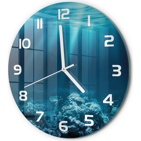 Horloge Murale Ronde Objet Décoratif en Verre Silencieuse pour Salon Monde sous-marin fi 30 cm