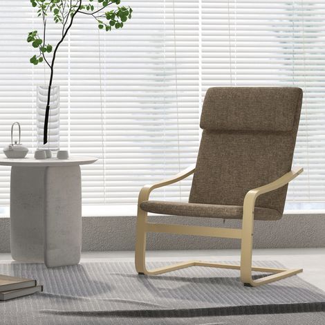 Fauteuil avec repose-tête et accoudoirs, revêtement en lin, cadre en bois, brun + nature (1/5)