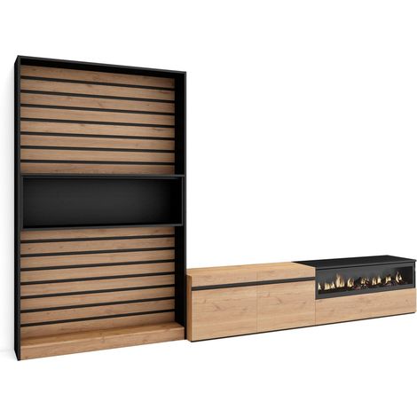Skraut Home - Muebles de Salón para TV, Conjunto de muebles comedor, 310x186x35cm, Para TV hasta 80", Chimenea eléctrica, Estilo Moderno, Roble y negro (1/5)