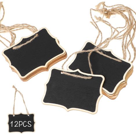 Mini étiquettes tableau noir avec ficelle, lot de 12, petites étiquettes tableau noir suspendues en bois, étiquettes pour noms de plats de buffet de fête. (1/5)
