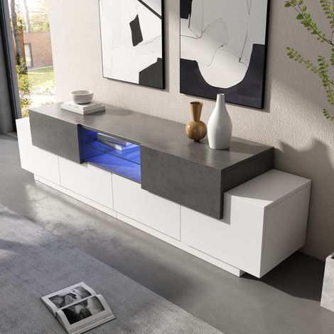 Mueble TV 180x40x45 cm moderno con iluminación led y estantes de cristal madera blanco y gris (1/5)