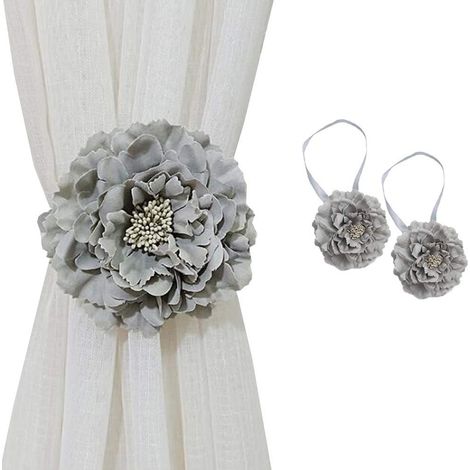 Attaches rideau aimantées fleurs tissu grandes, 2 pièces, style rustique américain, gris, pour chambre fille, déco mariage (1/4)