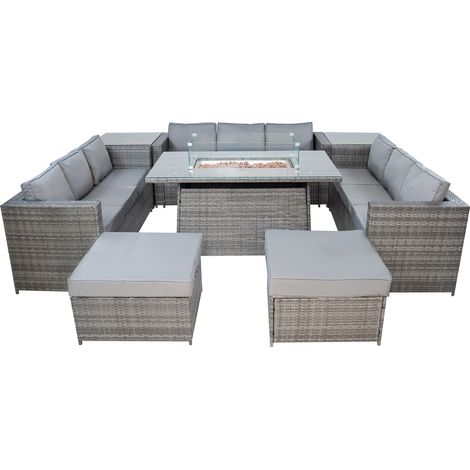 Conjunto de Muebles de Jardín de Ratán 11 Plazas con Mesa de Fuego a Gas, Sofá Modular Exterior de Polirratán con Cojines, Mesa Comedor, Taburetes y Mesas Auxiliares, Gris