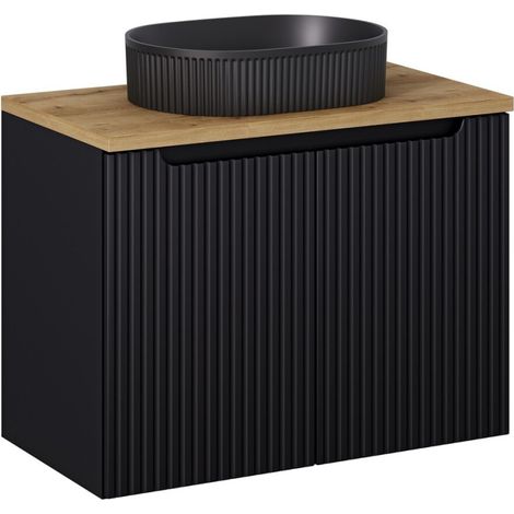 Ensemble Meuble Salle de Bain 2 portes + Vasque + Plateau L 80 x P 40 x H 59,5 cm - Astral - Noir et effet chêne - Livraison gratuite