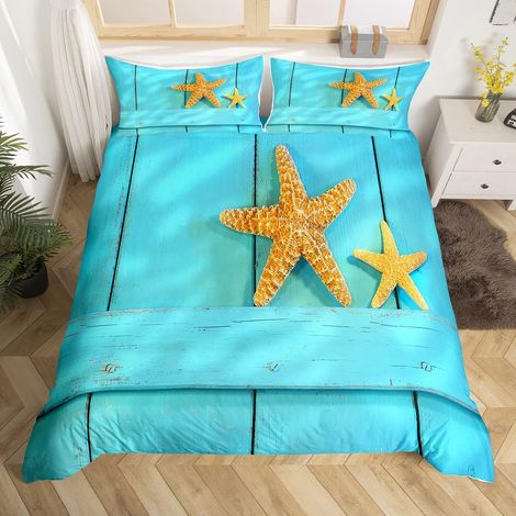 Beach Starfish Parure de Lit 140x200cm Bleu Bois Ensembles de Housse de Couette Ocean Marine Theme Housse de Couette Room Decor Sea Creatures Literie Collection 2Pcs - 140 x 200 cm (1/5)